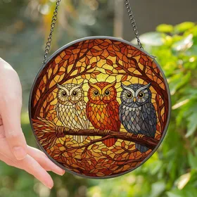 Fantasy Art Lovers' Tiffany Style Stained Glass Owls Magic Broomstick Autumn Forest Mosaic Stained Glass Suncatcher