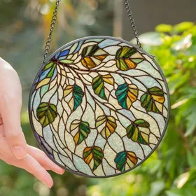Nature Lovers' Graceful Tiffany Style Stained Glass Branch & Leaves, Olive Green Emerald Teal Amber Mosaic Stained Glass Suncatcher
