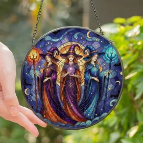 Witchcore Enthusiasts' Glowing Tiffany Stained Glass Witches, Indigo Amethyst Orange Jewel Tone Magic Mist Bat Pattern Stained Glass Suncatcher