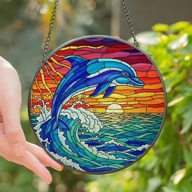Ocean Lovers' Majestic Dolphin Stained Glass Tiffany Jewel Tone Sunset Mosaic Stained Glass Suncatcher