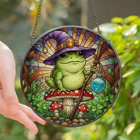 Fantasy Art Enthusiasts' Whimsical Stained Glass Emerald Frog Witch Purple Hat Toadstool Design Stained Glass Suncatcher