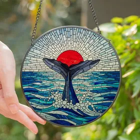Ocean Lovers' Tiffany Stained Glass Whale Breaching Mosaic Deep Blue Turquoise Red Art Stained Glass Suncatcher