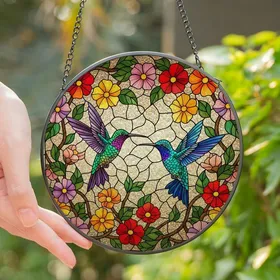 Nature Lovers' Vibrant Tiffany Stained Glass Hummingbirds & Floral Mosaic in Iridescent Jewel Tones Stained Glass Suncatcher