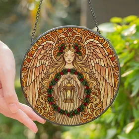 Ethereal Art Lovers' Radiant Tiffany Stained Glass Angel Golden Amber Swirls Holly Motif Stained Glass Suncatcher