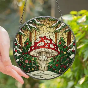 Christmas Art Lovers' Whimsical Stained Glass Red Toadstool Evergreen Winter Forest Stained Glass Suncatcher
