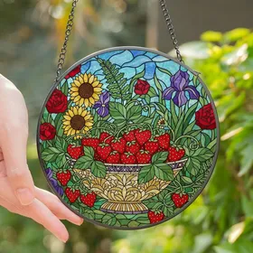 Art Enthusiasts' Tiffany Glass Ruby Red Strawberry Emerald Green Mosaic Garden Sky Stained Glass Suncatcher