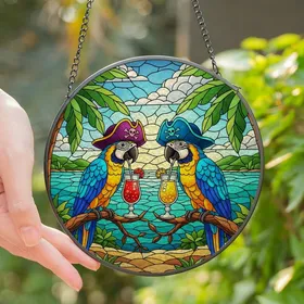 Exotic Art Admirers' Jewel Tone Stained Glass Macaw Pirate Cocktails Island Art Stained Glass Suncatcher