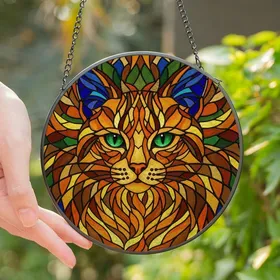 Cat Lovers' Intricate Tiffany Style Stained Glass Cat Head Mosaic Orange Green Blue Stained Glass Suncatcher