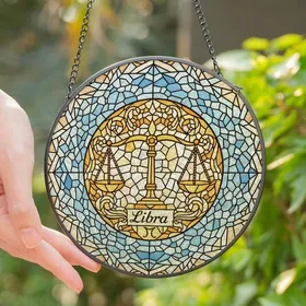 Libra Zodiac Highly Detailed Stained Glass Balance Celestial Mosaic, Tiffany Yellow Blue Peach Tones Stained Glass Suncatcher