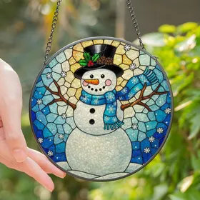 Winter Enthusiasts' Cheerful Snowman Tiffany Style Stained Glass Mosaic, Jewel Tones Stained Glass Suncatcher