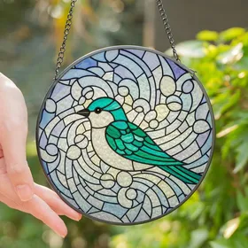 Art Lovers' High Contrast Tiffany Style Stained Glass Teal Emerald Bird Art Nouveau Mosaic Stained Glass Suncatcher