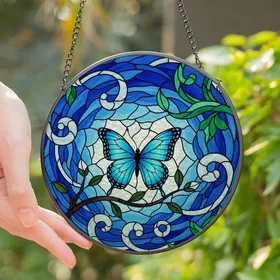 Art Enthusiasts' Intricate Tiffany Stained Glass Azure Butterfly Emerald Sapphire Floral Mosaic Stained Glass Suncatcher