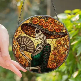 Women's Elegant Stained Glass Skeletal Woman Orange Rose Jewel Tone Filigree Mosaic Art Stained Glass Suncatcher