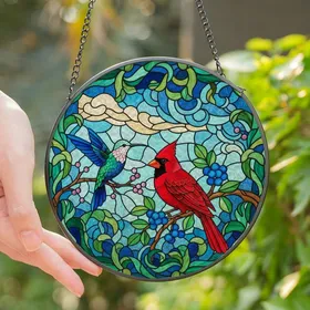 Nature Lovers' Stained Glass Cardinal Hummingbird Ruby Red Sapphire Blue Emerald Green Mosaic Stained Glass Suncatcher