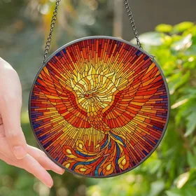 Mythology Art Admirers' Phoenix Rising Tiffany Glass Orange Red Blue Geometric Sunburst Stained Glass Suncatcher