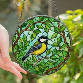 Nature Lovers' Cheerful Great Tit Tiffany Stained Glass Bright Yellow Green Intricate Mosaic Stained Glass Suncatcher