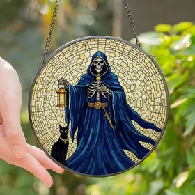 Fantasy Art Lovers' Mystical Stained Glass Guardian, Deep Blue Robe, Golden Lantern, Black Cat Moon Stained Glass Suncatcher