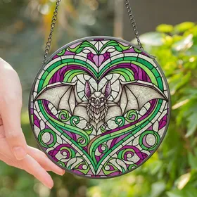 Gothic Style Enthusiasts' Jewel Tone Stained Glass Bat Heart, Iridescent Green Magenta Purple Mosaic Stained Glass Suncatcher