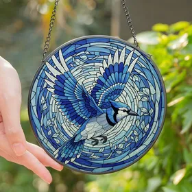 Wildlife Enthusiasts' Mid-Flight Blue Jay Stained Glass Art, Royal Blue Indigo Jewel Tone Sky Mosaic Stained Glass Suncatcher