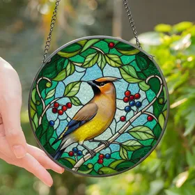 Nature Lovers' Vibrant Stained Glass Bohemian Waxwing Jewel Tone Emerald Yellow Magenta Art Stained Glass Suncatcher