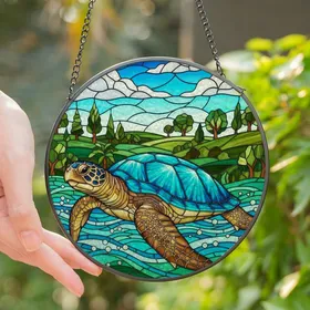 Nature Lovers' Tiffany Stained Glass Sea Turtle Mosaic Glowing Teal Aqua Blue Emerald Green Sky Landscape Art Stained Glass Suncatcher