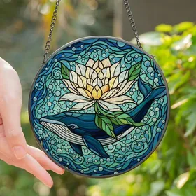 Ocean Lovers' Vibrant Stained Glass Whale & Peony, Emerald Green Teal Jewel Tone Aquatic Mosaic Stained Glass Suncatcher