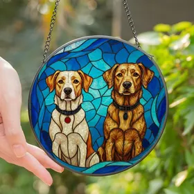 Dog Lovers' Radiant Tiffany Stained Glass Mosaic Two Expressive Dogs Vibrant Blue Orange Golden Brown Jewel Tones Stained Glass Suncatcher