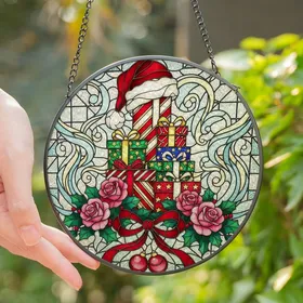Christmas Enthusiasts' Jewel Tone Stained Glass Festive Gifts, Santa Hat, Roses, Holly Mosaic Art Stained Glass Suncatcher
