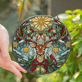 Christmas Lovers' Majestic Stained Glass Reindeer, Red Holly, Golden Baubles & Star, Winter Forest Mosaic Stained Glass Suncatcher