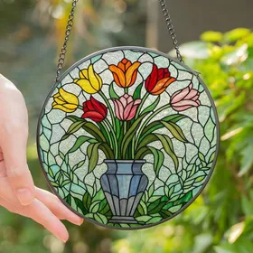 Floral Art Lovers' Vibrant Tiffany Stained Glass Tulip Bouquet Iridescent Emerald Mosaic Stained Glass Suncatcher