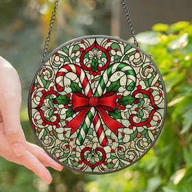 Holiday Enthusiasts' Tiffany Style Stained Glass Candy Canes, Ruby Emerald Jewel Tone Festive Mosaic Stained Glass Suncatcher