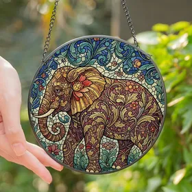 Art Enthusiasts' Majestic Stained Glass Elephant Intricate Floral Mosaic Jewel Tone Stained Glass Suncatcher