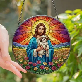 Faith-Inspired Dog Lovers' Stained Glass Jesus Shih Tzu Portrait, Radiant Halo, Wildflower Mosaic, Tiffany Jewel Tones Stained Glass Suncatcher
