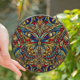 Art Lovers' Majestic Stained Glass Butterfly Mosaic Art Iridescent Jewel Tones Blues Yellows Oranges Greens Stained Glass Suncatcher