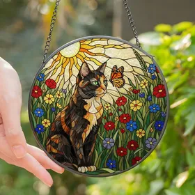 Artful Cat Lovers' Tiffany Stained Glass Tortoiseshell Cat Monarch Butterfly Wildflower Meadow Mosaic Stained Glass Suncatcher