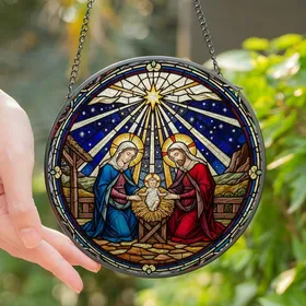 Inspirational Art Enthusiasts' Tiffany Stained Glass Holy Family Celestial Stable Mosaic Deep Blues Gold Reds Stained Glass Suncatcher