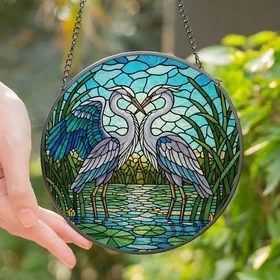 Nature Lovers' Intricate Tiffany Stained Glass Herons Wetland Mosaic Sapphire Teal Gold Stained Glass Suncatcher