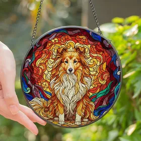 Shetland Sheepdog Lovers' Vibrant Stained Glass Sheltie Portrait, Tiffany Style Jewel Tones, Abstract Mosaic Background Orange Red Blue Stained Glass Suncatcher
