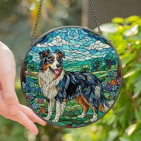 Dog Lovers' Intricate Stained Glass Fluffy Dog Mosaic Vibrant Amber Teal Red Landscape Stained Glass Suncatcher