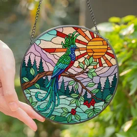 Nature Lovers' Vibrant Tiffany Stained Glass Quetzal Bird Tropical Emerald Mountain Mosaic Stained Glass Suncatcher