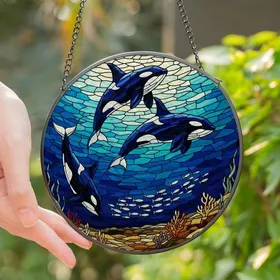 Ocean Lovers' Intricate Tiffany Stained Glass Dynamic Orca Underwater Mosaic Deep Blue Teal Jewel Tones Stained Glass Suncatcher