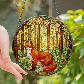Nature Lovers' Jewel-Toned Stained Glass Fox Woodland Mosaic Art Stained Glass Suncatcher