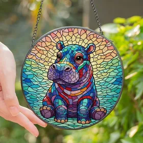 Animal Lovers' Colorful Intricate Tiffany Stained Glass Baby Hippo Mosaic Art Jewel Tones Stained Glass Suncatcher