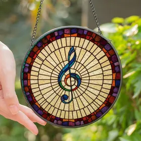 Music & Art Enthusiasts' Intricate G-Clef Stained Glass Style Mosaic Art Jewel-Toned Radial Pattern with Black Lead Lines Stained Glass Suncatcher