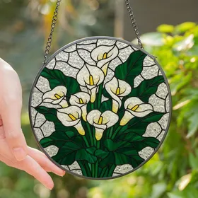 Art Lovers' Vibrant Tiffany Style Calla Lily White Yellow Green Stained Glass Mosaic Stained Glass Suncatcher