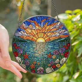 Nature Lovers' Tiffany Stained Glass Ocean Sunset, Vibrant Seashells, Blooming Flowers, Jewel Tones Stained Glass Suncatcher