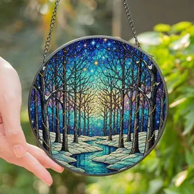 Nature Lovers' Stained Glass Winter Forest, Golden Fairy Lights, Starry Night Mosaic, Teal Blue Gold Tiffany Style Art Stained Glass Suncatcher