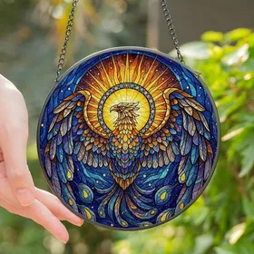 Art Lovers' Majestic Tiffany Stained Glass Cosmic Phoenix Eagle Radiant Golden Blue Purple Starfield Stained Glass Suncatcher
