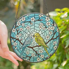 Bird Lovers' Tiffany Stained Glass Blue Yellow Green Budgie Pair Cherry Blossom Floral Geometric Mosaic Stained Glass Suncatcher