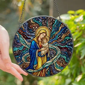 Spiritual Art Collectors' Stained Glass Virgin Mary Jesus Sapphire Gold Teal Cosmic Mosaic Stained Glass Suncatcher